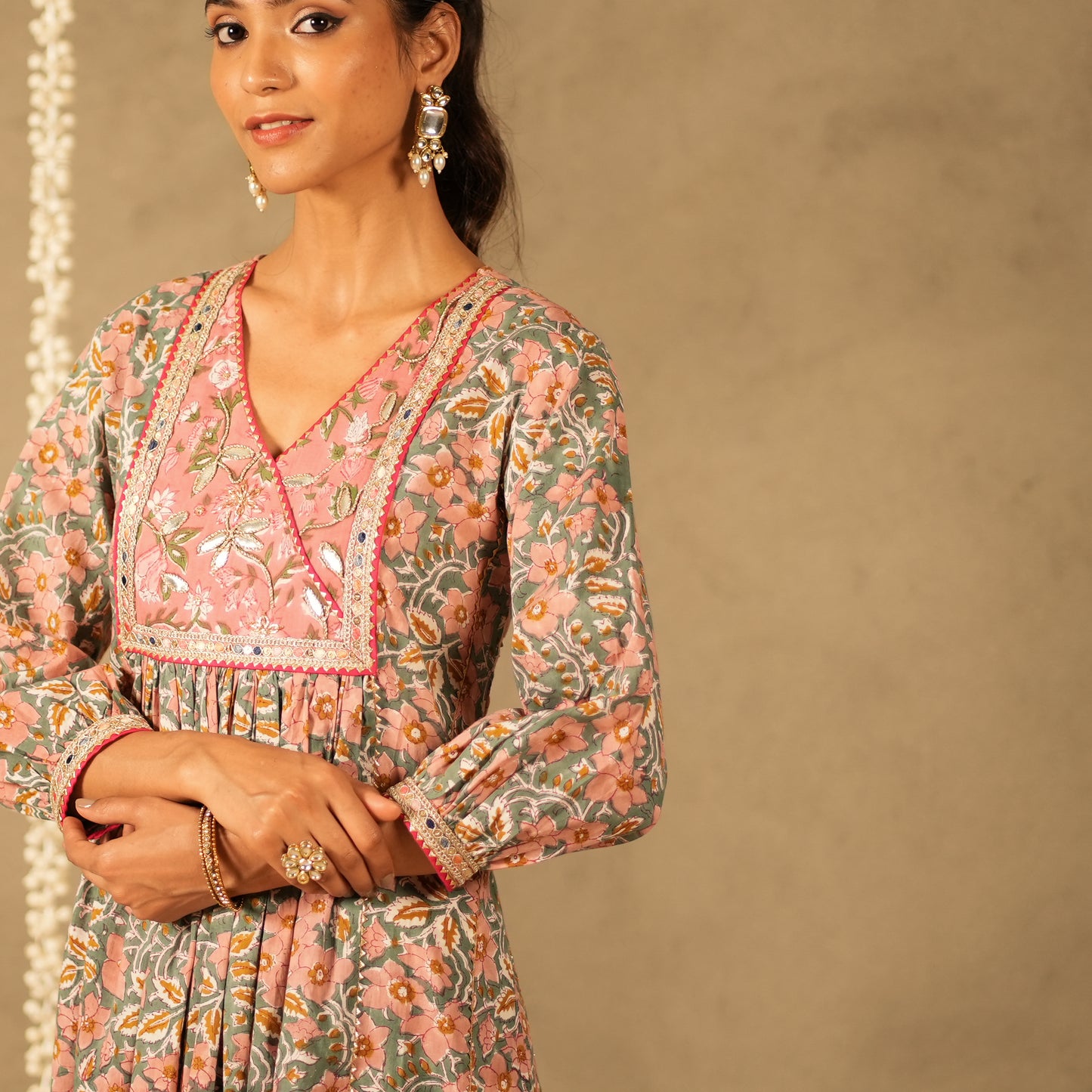 Green Floral Printed V Neck Long Kurta with Front Gathers