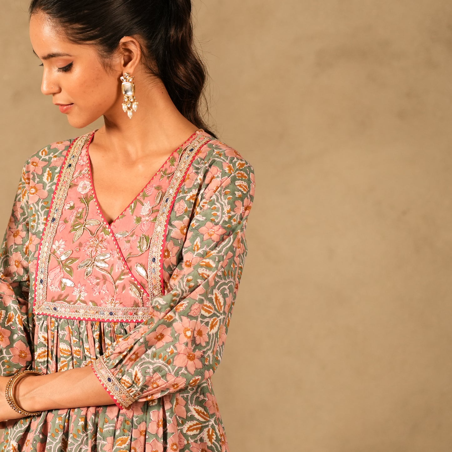 Green Floral Printed V Neck Long Kurta with Front Gathers