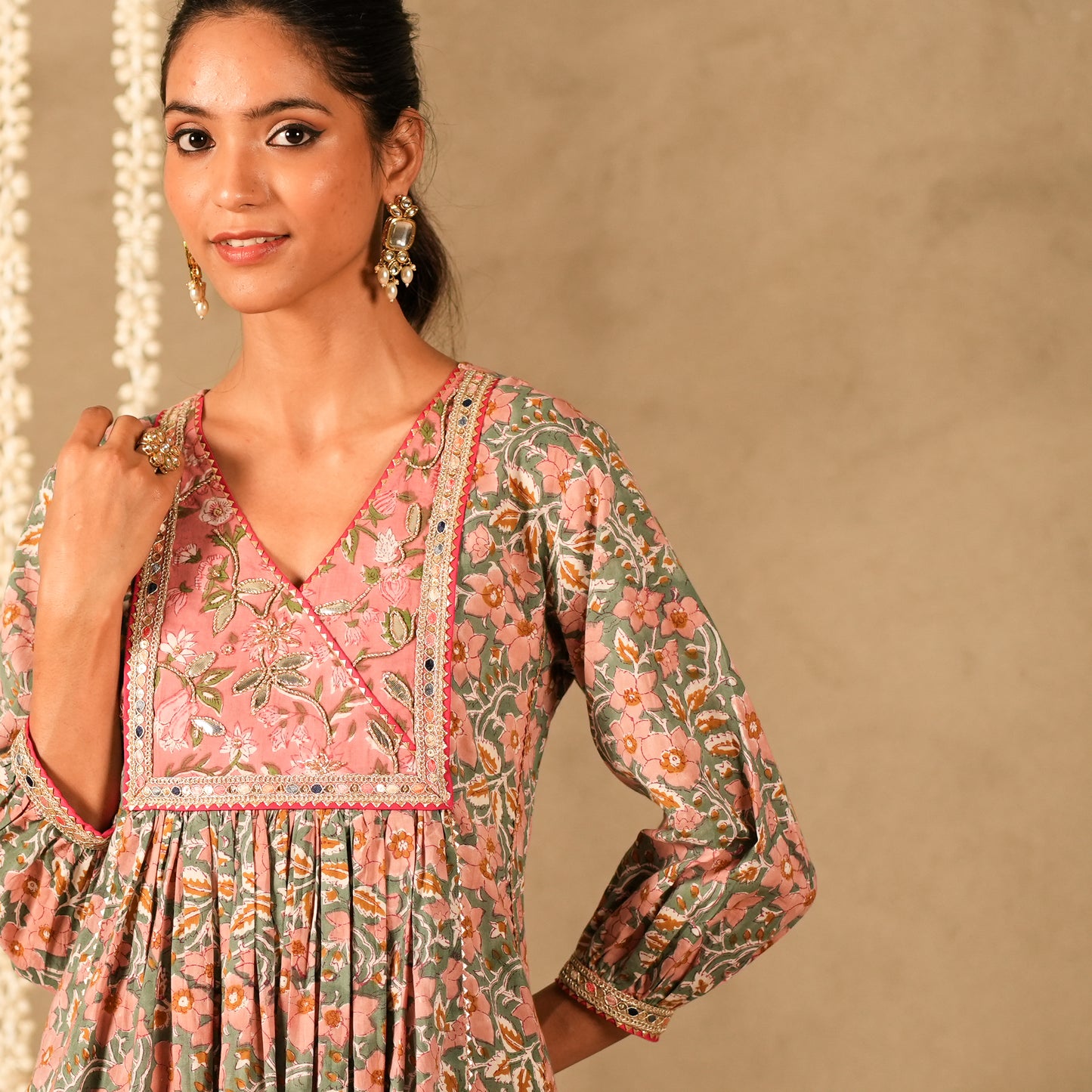 Green Floral Printed V Neck Long Kurta with Front Gathers