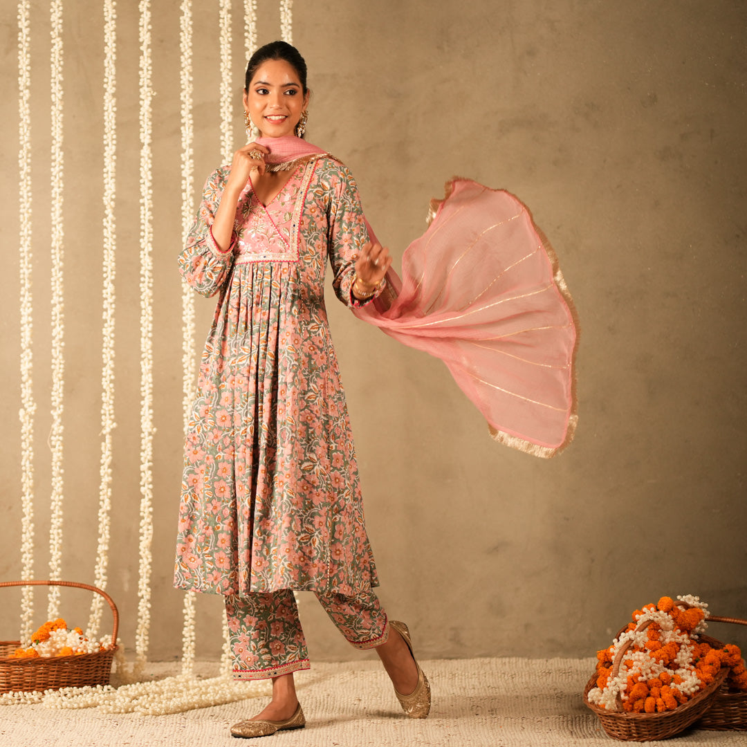 Green Floral Printed V Neck Long Kurta with Front Gathers with Straight Pants and Dupatta (Set of 3)