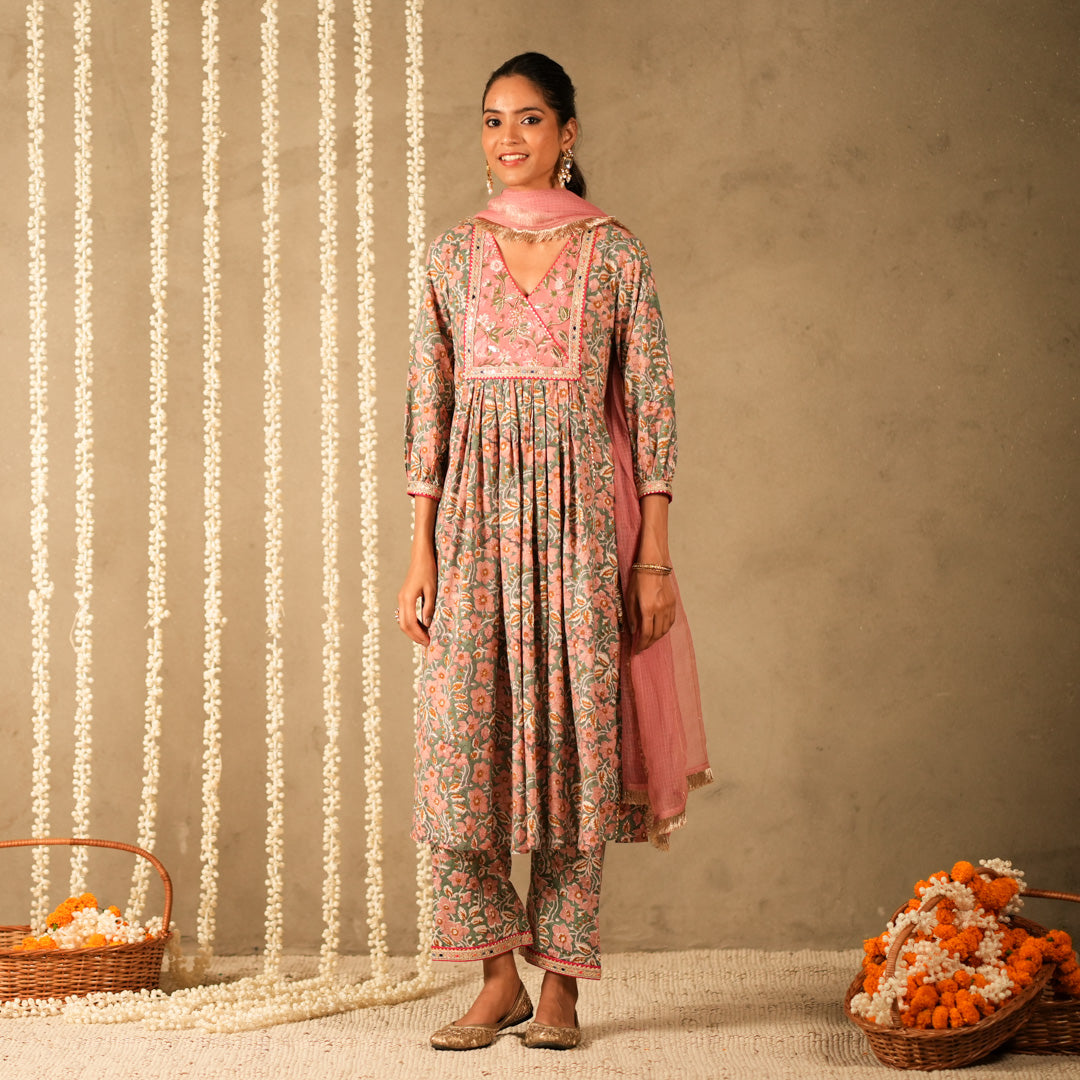 Green Floral Printed V Neck Long Kurta with Front Gathers with Straight Pants and Dupatta (Set of 3)