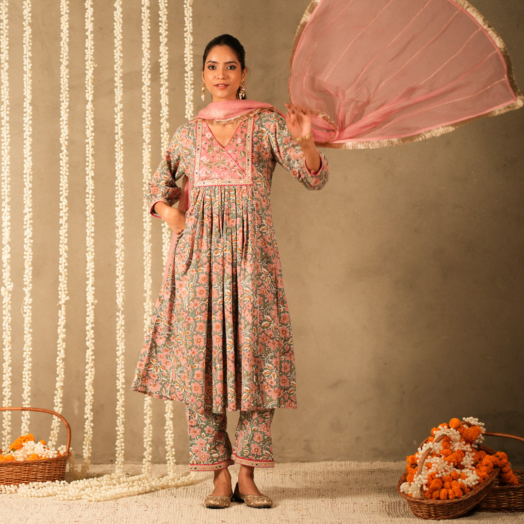 Green Floral Printed V Neck Long Kurta with Front Gathers with Straight Pants and Dupatta (Set of 3)