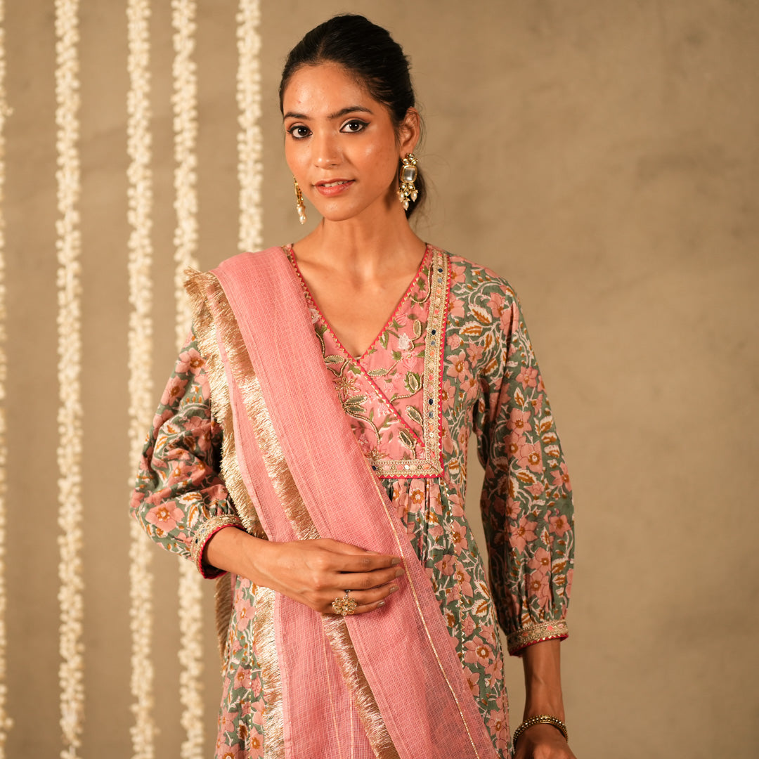 Green Floral Printed V Neck Long Kurta with Front Gathers with Straight Pants and Dupatta (Set of 3)