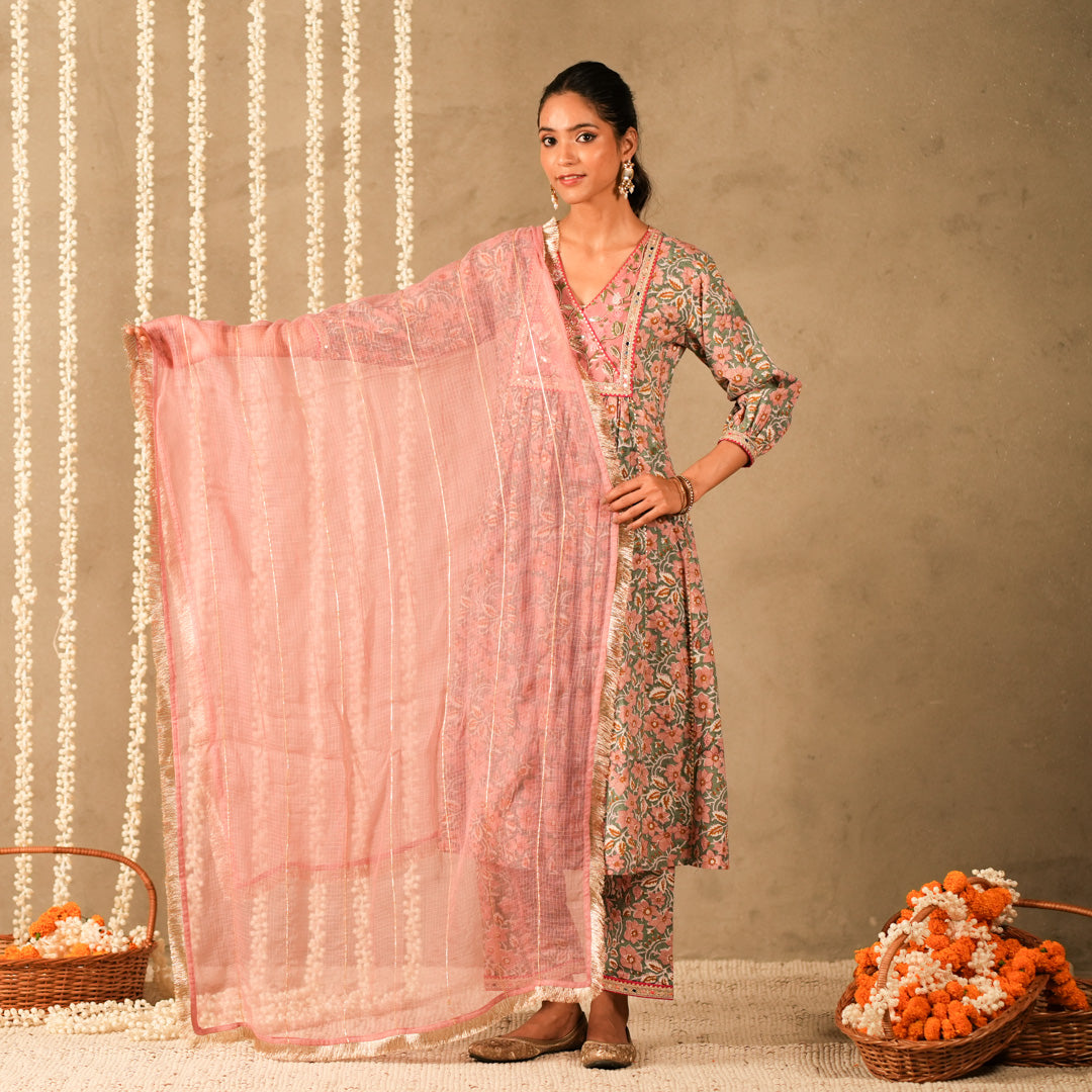 Pink Solid Dupatta with Gotta and Fringe Lace