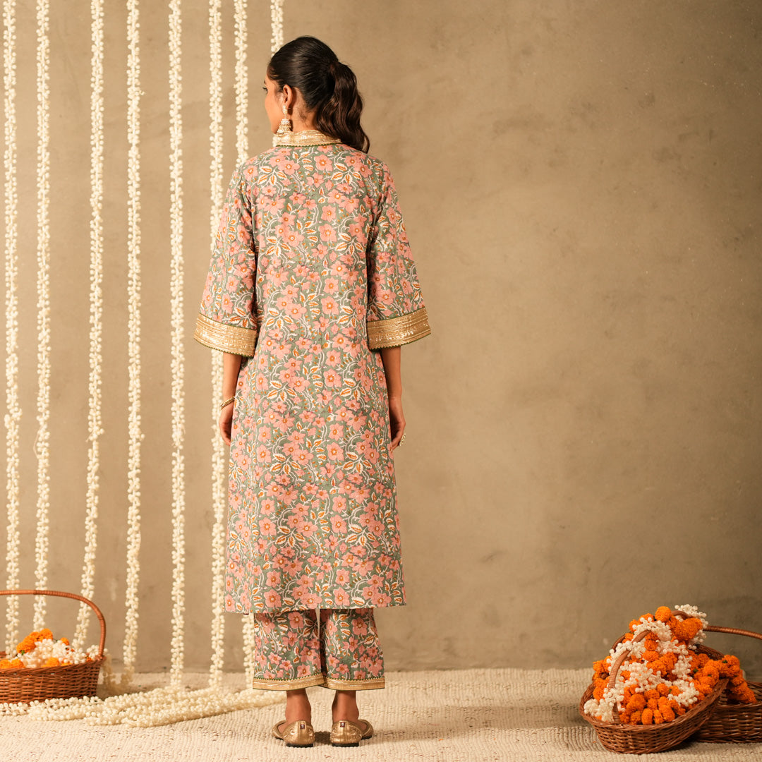 Green Floral Printed V Neck Long A Line Kurta