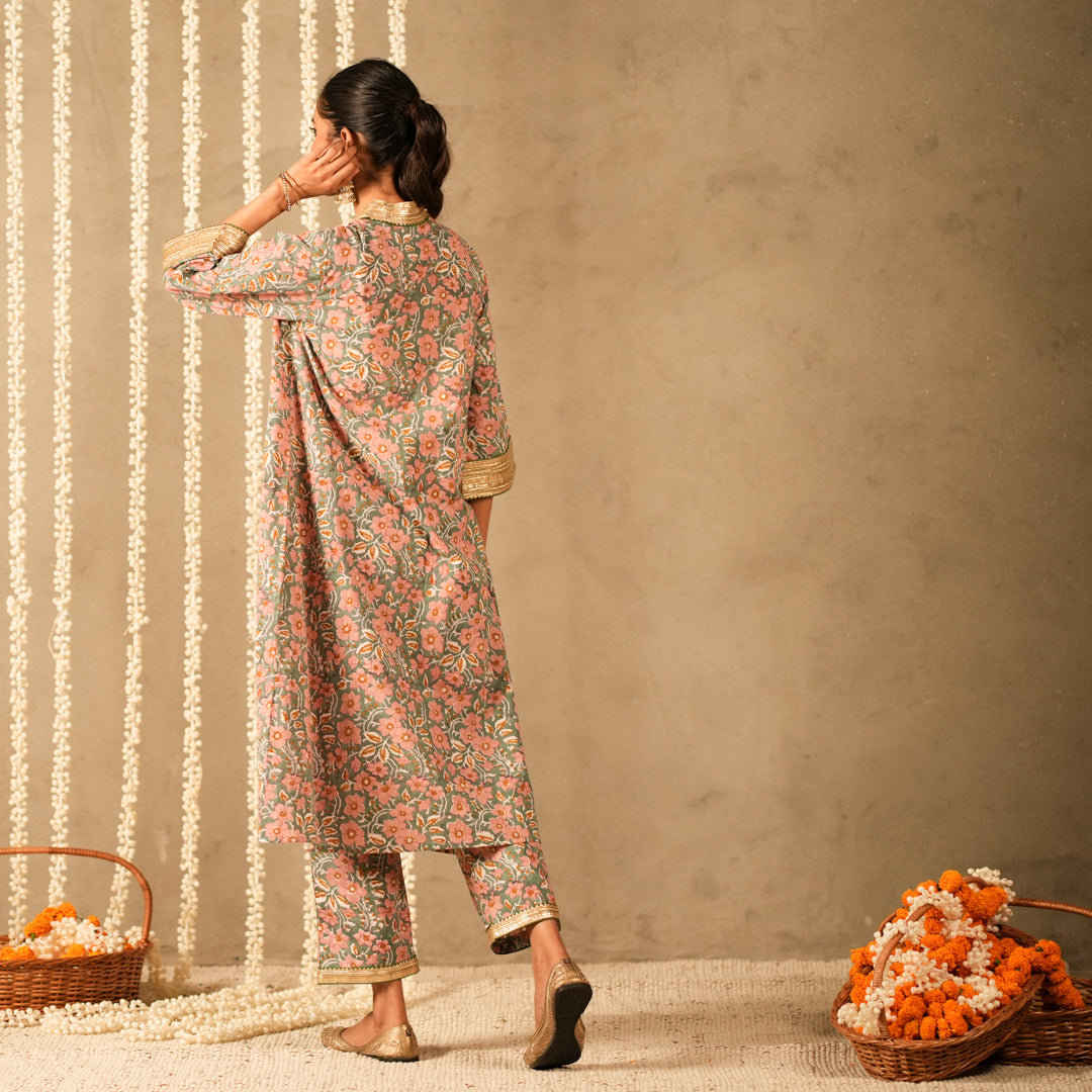 Green Floral Printed V Neck Long A Line Kurta with Straight Pants and Dupatta (Set of 3)