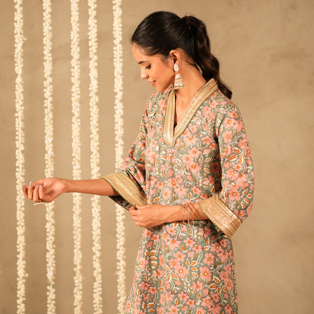 Green Floral Printed V Neck Long A Line Kurta with Straight Pants and Dupatta (Set of 3)