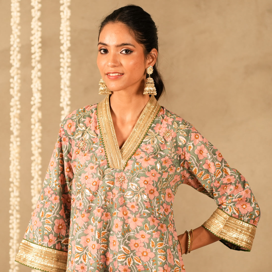 Green Floral Printed V Neck Long A Line Kurta with Straight Pants and Dupatta (Set of 3)