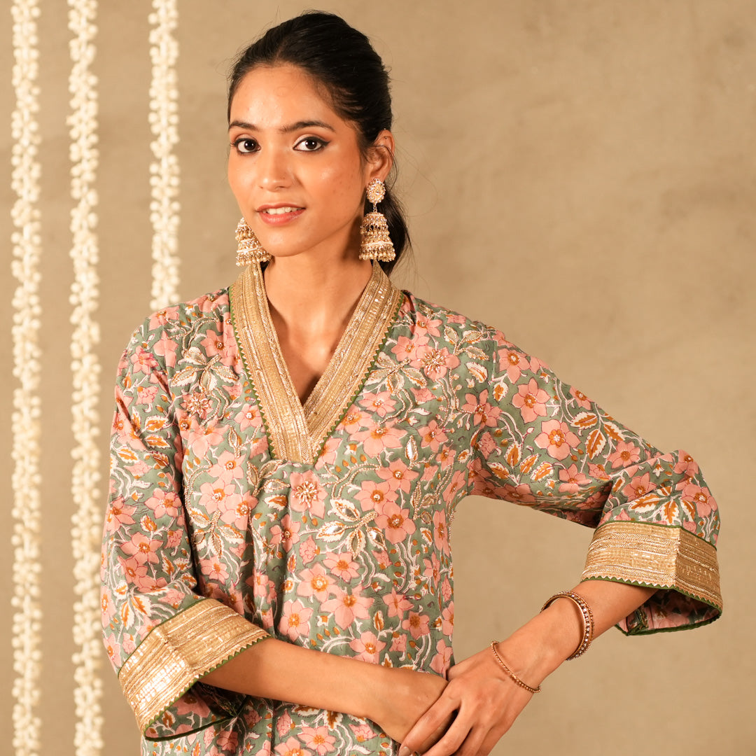 Green Floral Printed V Neck Long A Line Kurta with Straight Pants and Dupatta (Set of 3)