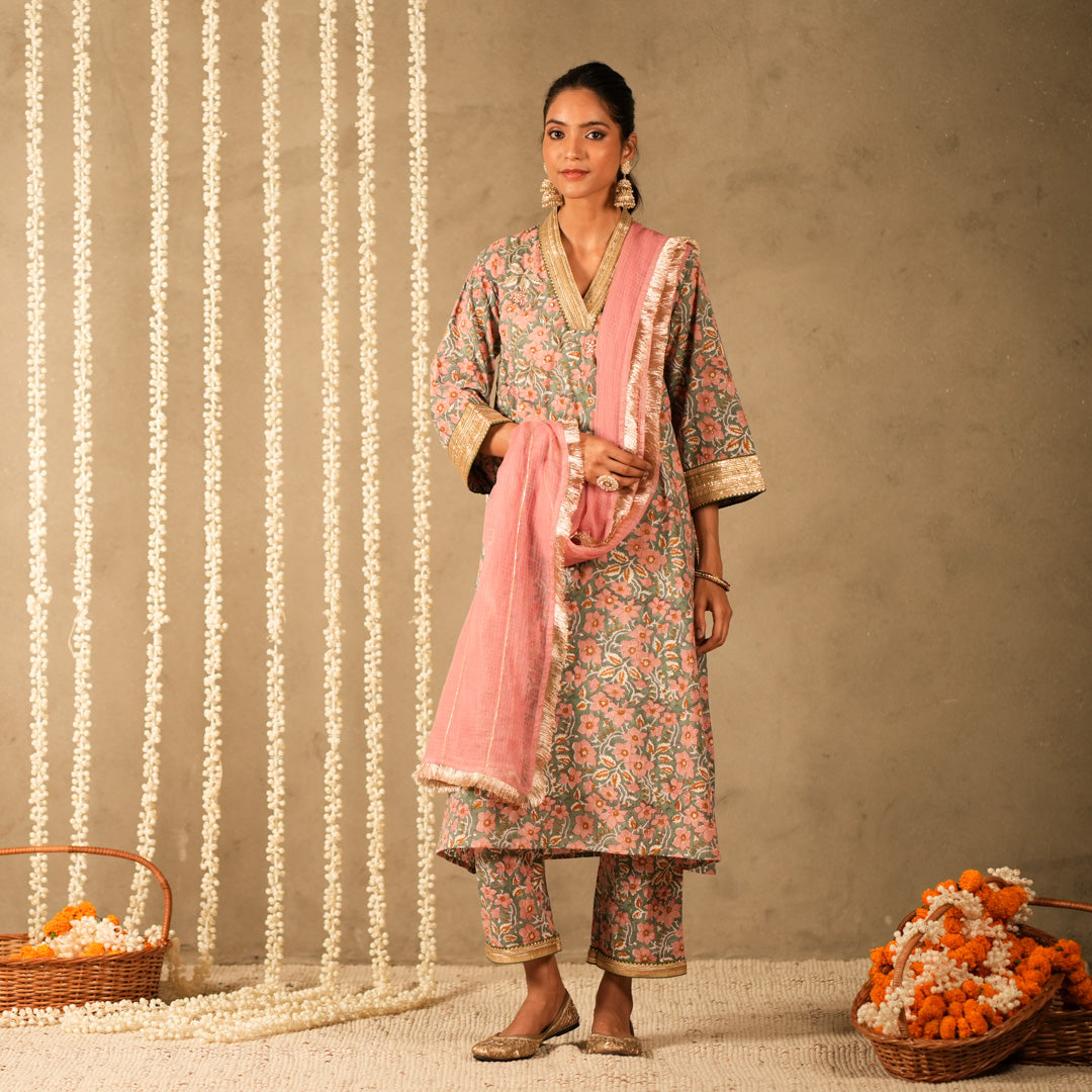 Green Floral Printed V Neck Long A Line Kurta with Straight Pants and Dupatta (Set of 3)