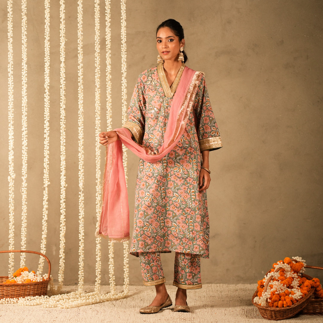 Green Floral Printed V Neck Long A Line Kurta with Straight Pants and Dupatta (Set of 3)