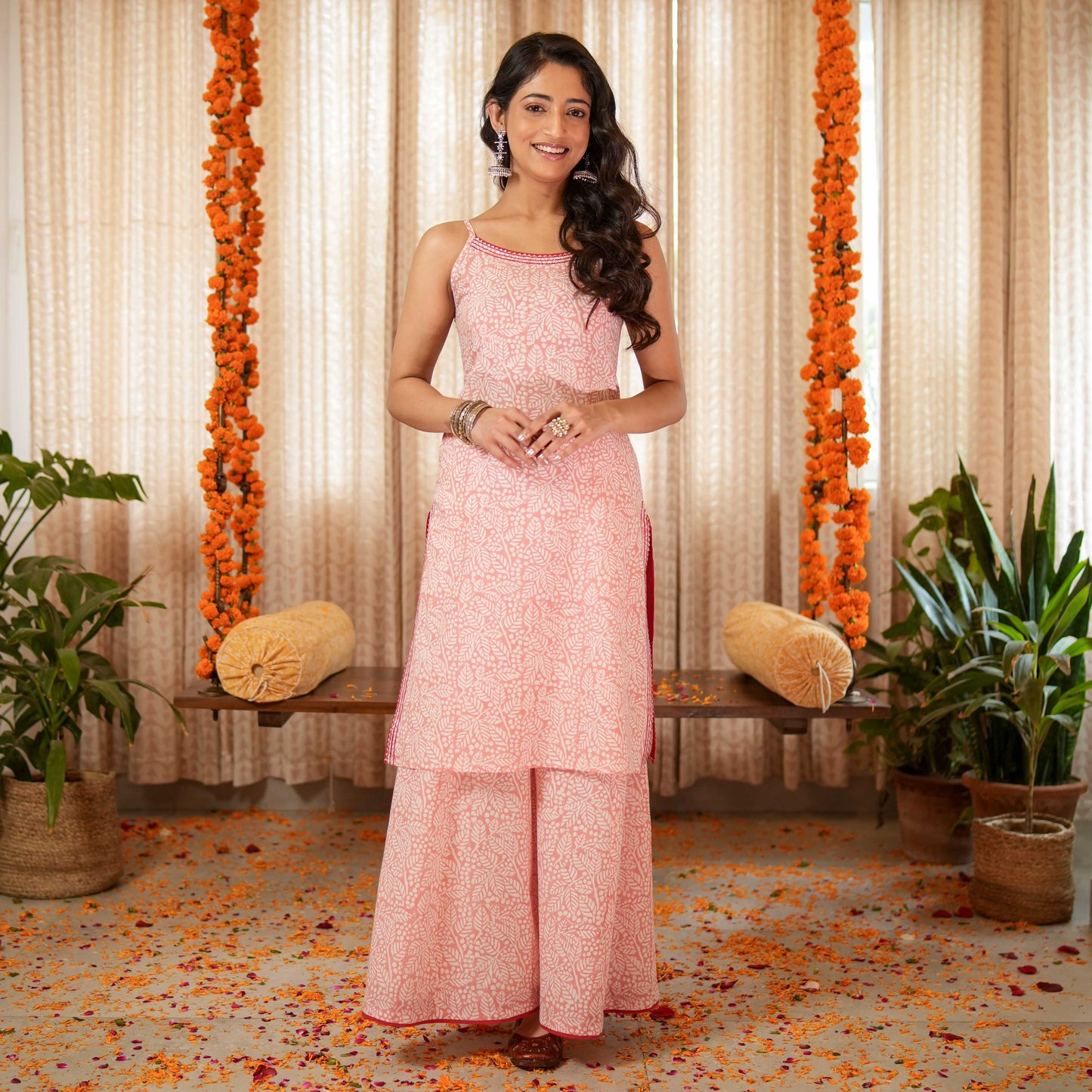 Blossom Pink Block Printed Easy Peasy Kurta With Gota Lace Details With Sharara (Set of 2)