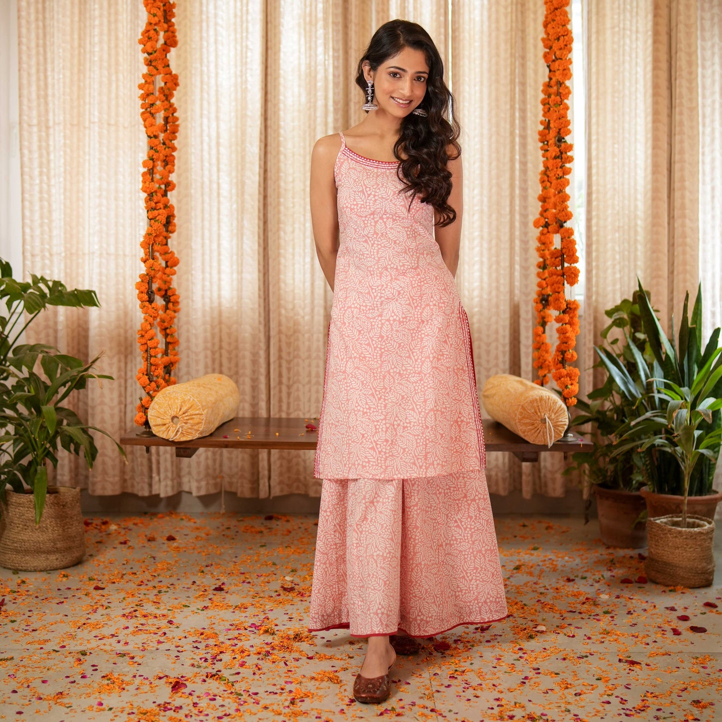 Blossom Pink Block Printed Easy Peasy Kurta With Gota Lace Details With Sharara (Set of 2)