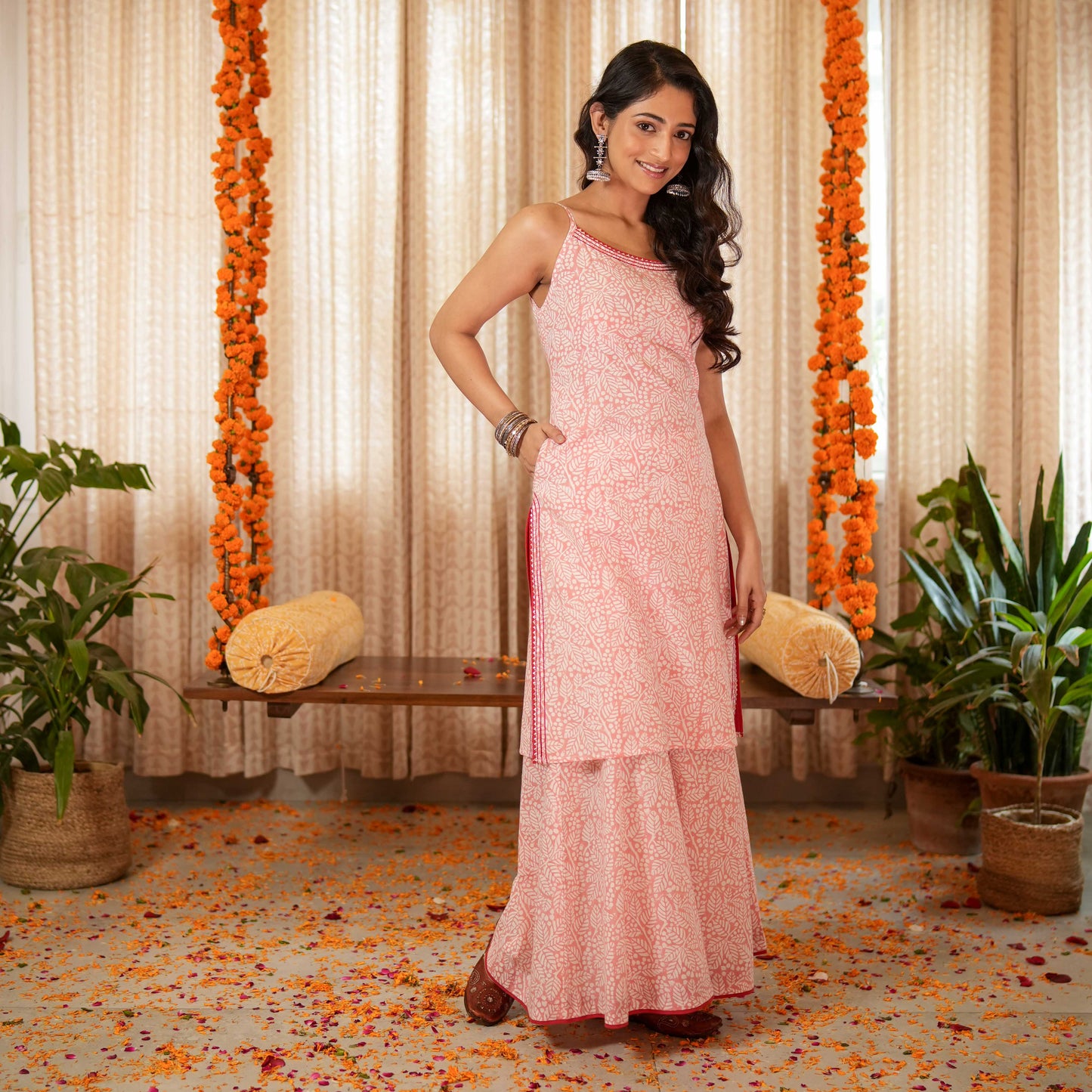 Blossom Pink Block Printed Easy Peasy Kurta With Gota Lace Details With Sharara (Set of 2)