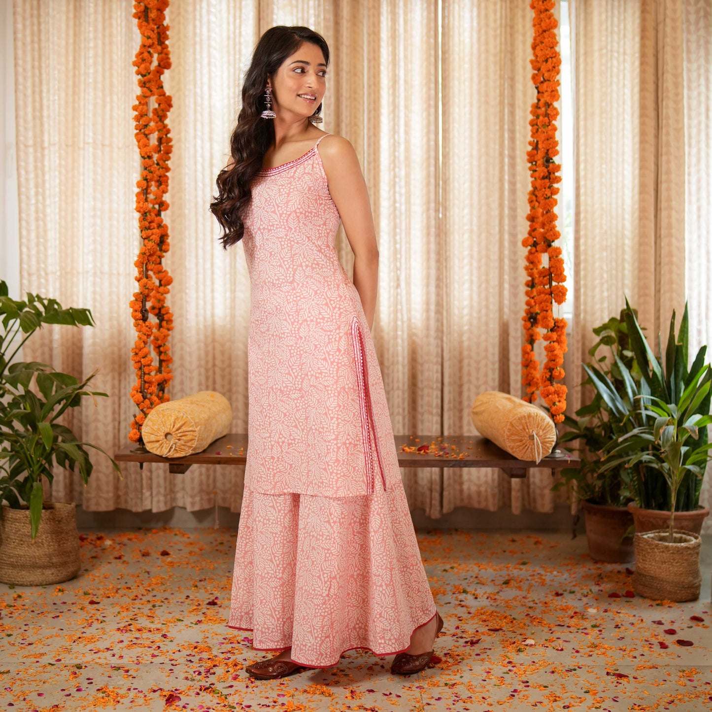 Blossom Pink Block Printed Easy Peasy Kurta With Gota Lace Details With Sharara (Set of 2)