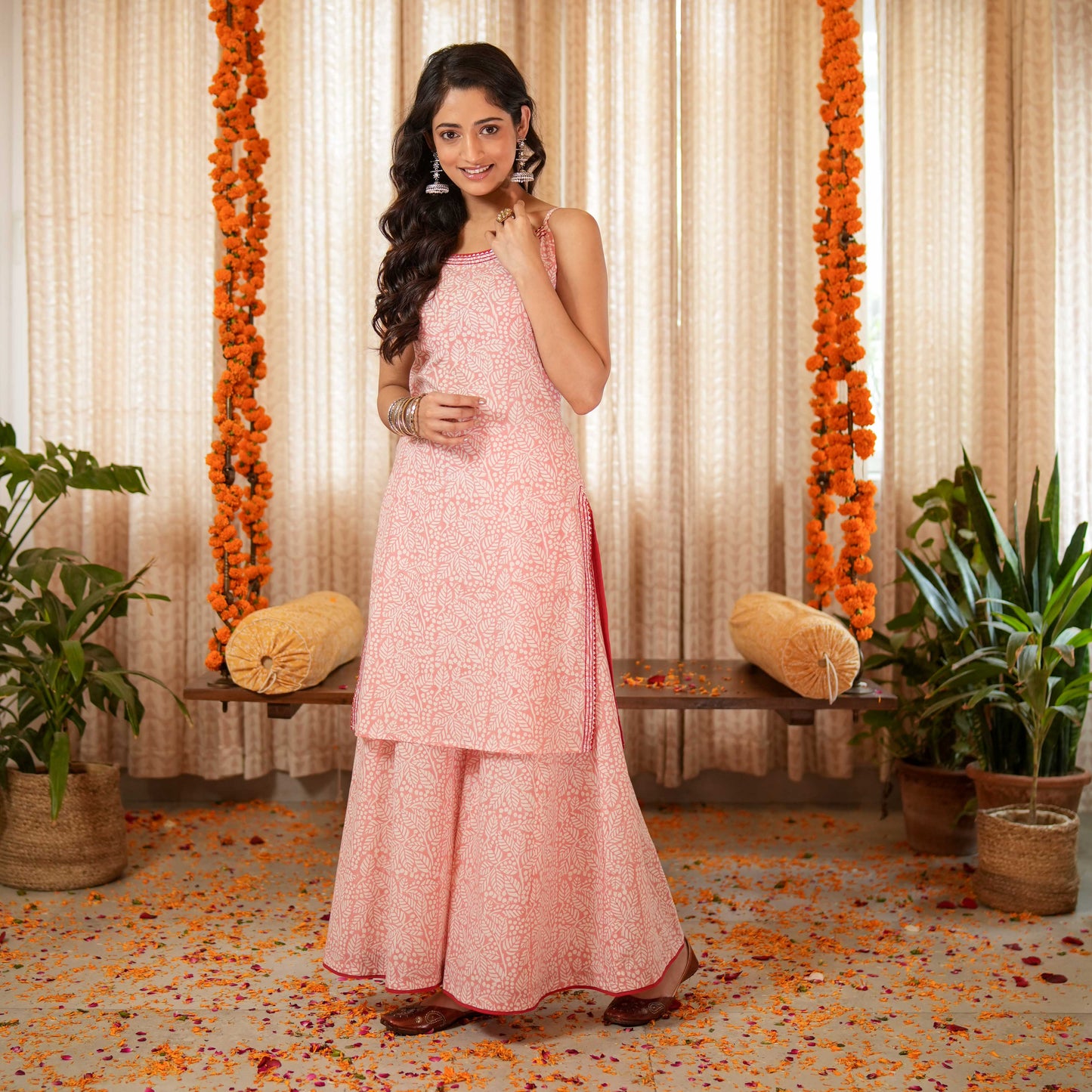 Blossom Pink Block Printed Easy Peasy Kurta With Gota Lace Details With Sharara (Set of 2)