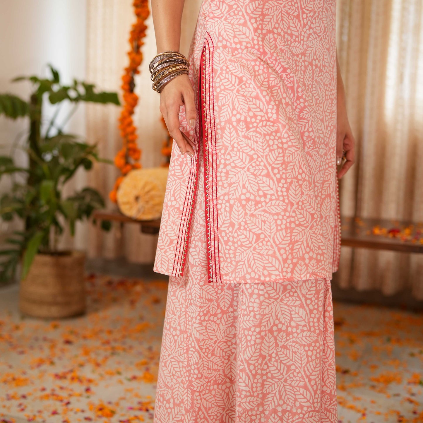 Blossom Pink Block Printed Easy Peasy Kurta With Gota Lace Details With Sharara (Set of 2)