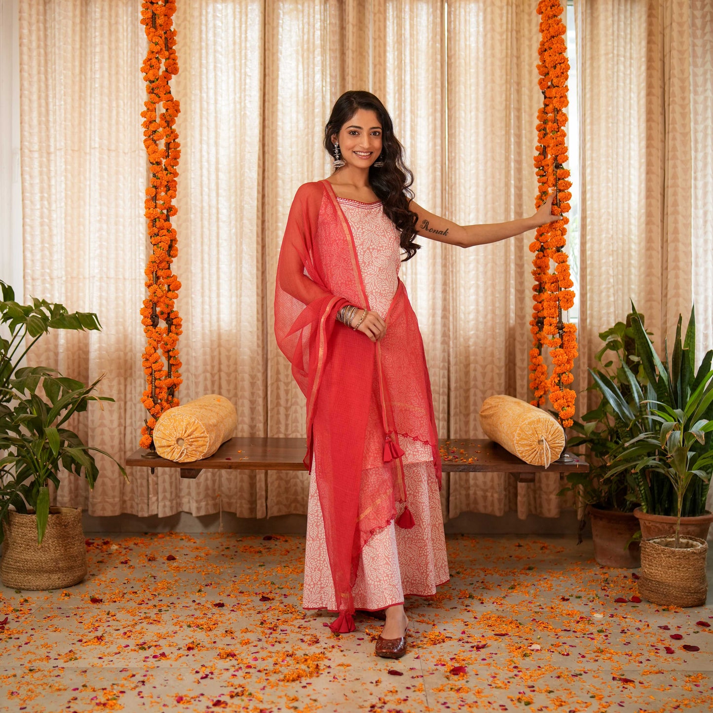 Blossom Pink Block Printed Easy Peasy Kurta With Gota Lace Details With Sharara And Dupatta (Set of 3)