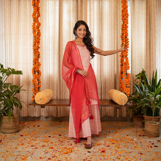 Blossom Pink Block Printed Easy Peasy Kurta With Gota Lace Details With Sharara And Dupatta (Set of 3)