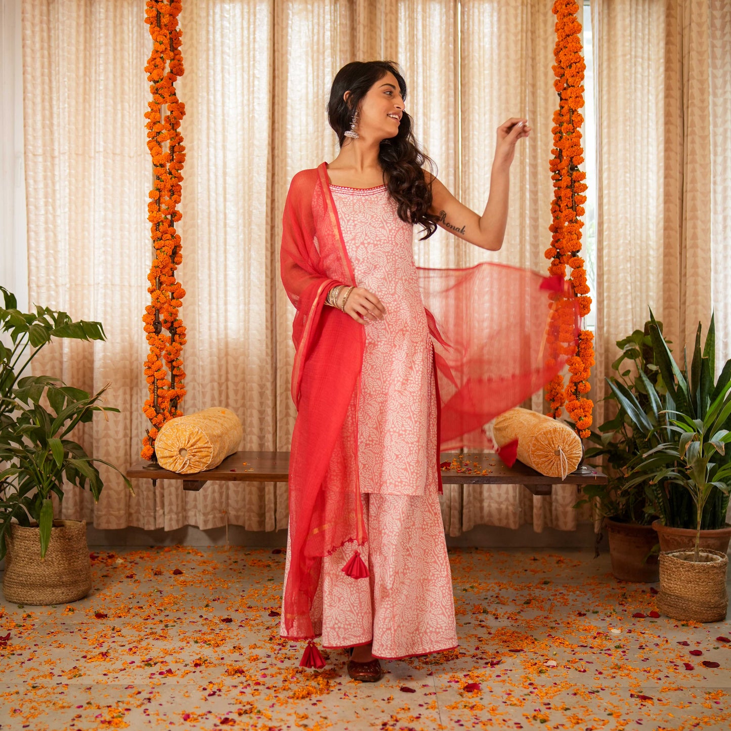 Blossom Pink Block Printed Easy Peasy Kurta With Gota Lace Details With Sharara And Dupatta (Set of 3)