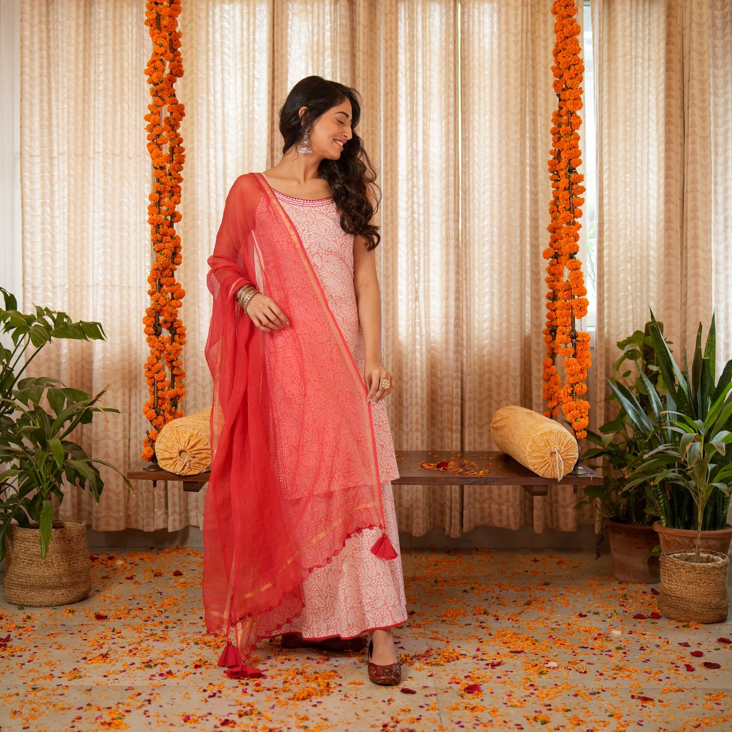 Red Cotton Kota Doria Dupatta With Scalloped Embroidered Edges With Tassel Details