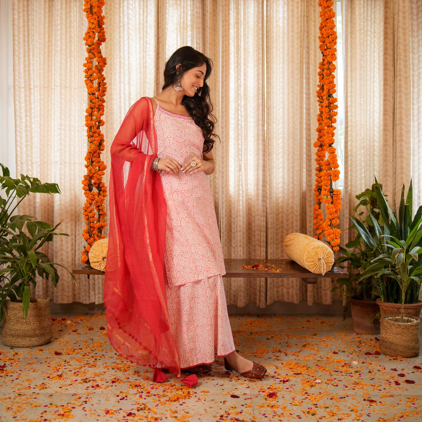 Blossom Pink Block Printed Easy Peasy Kurta With Gota Lace Details With Sharara And Dupatta (Set of 3)