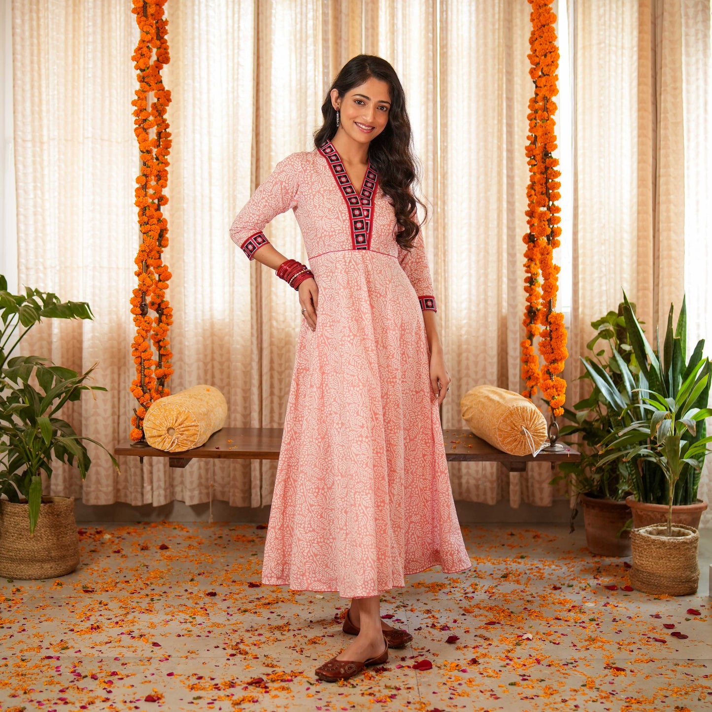 Blossom Pink Block Printed Anarkali Kurta With Border Details paired with Matching Pants (Set of 2)