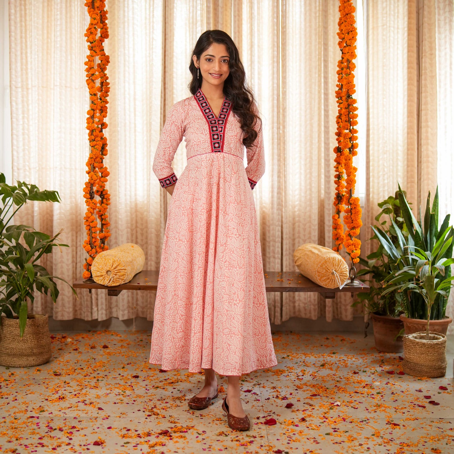 Blossom Pink Block Printed Anarkali Kurta With Border Details paired with Matching Pants (Set of 2)