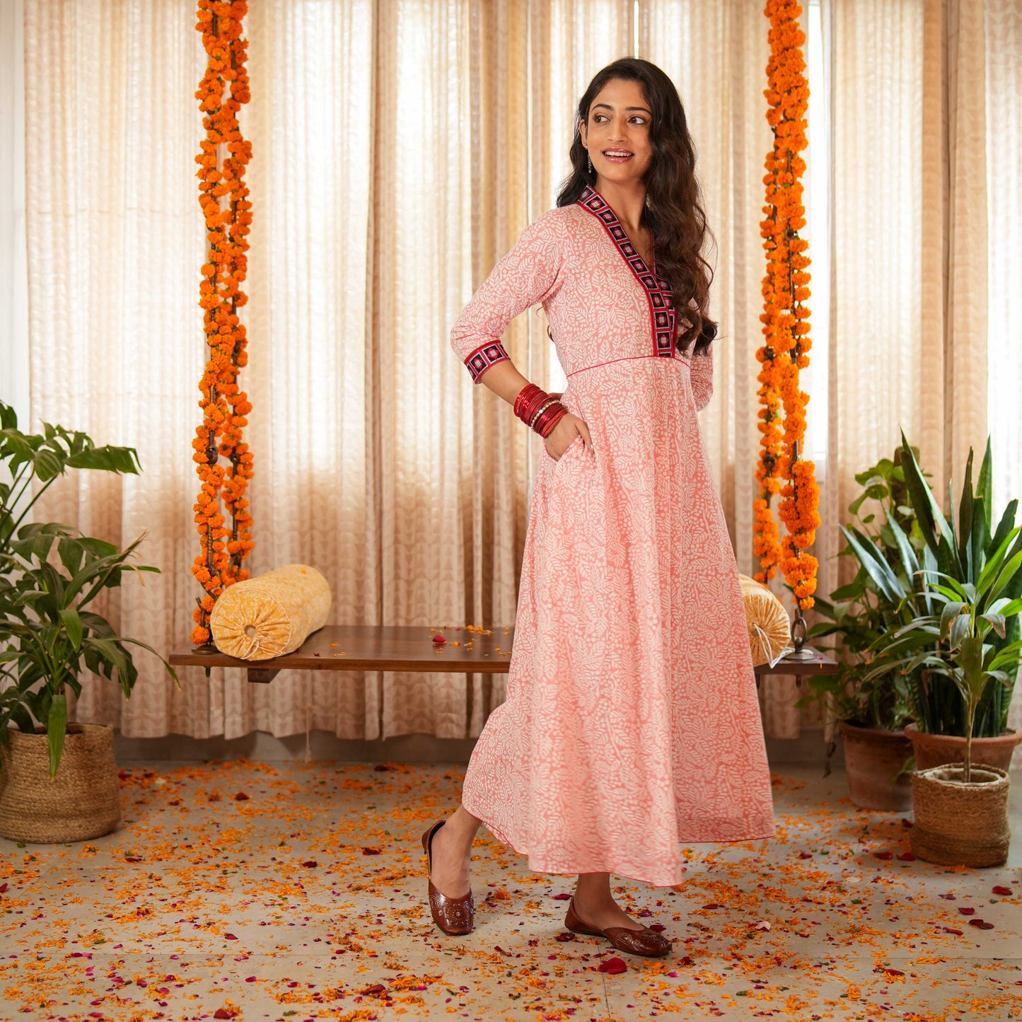 Blossom Pink Block Printed Anarkali Kurta With Border Details paired with Matching Pants (Set of 2)
