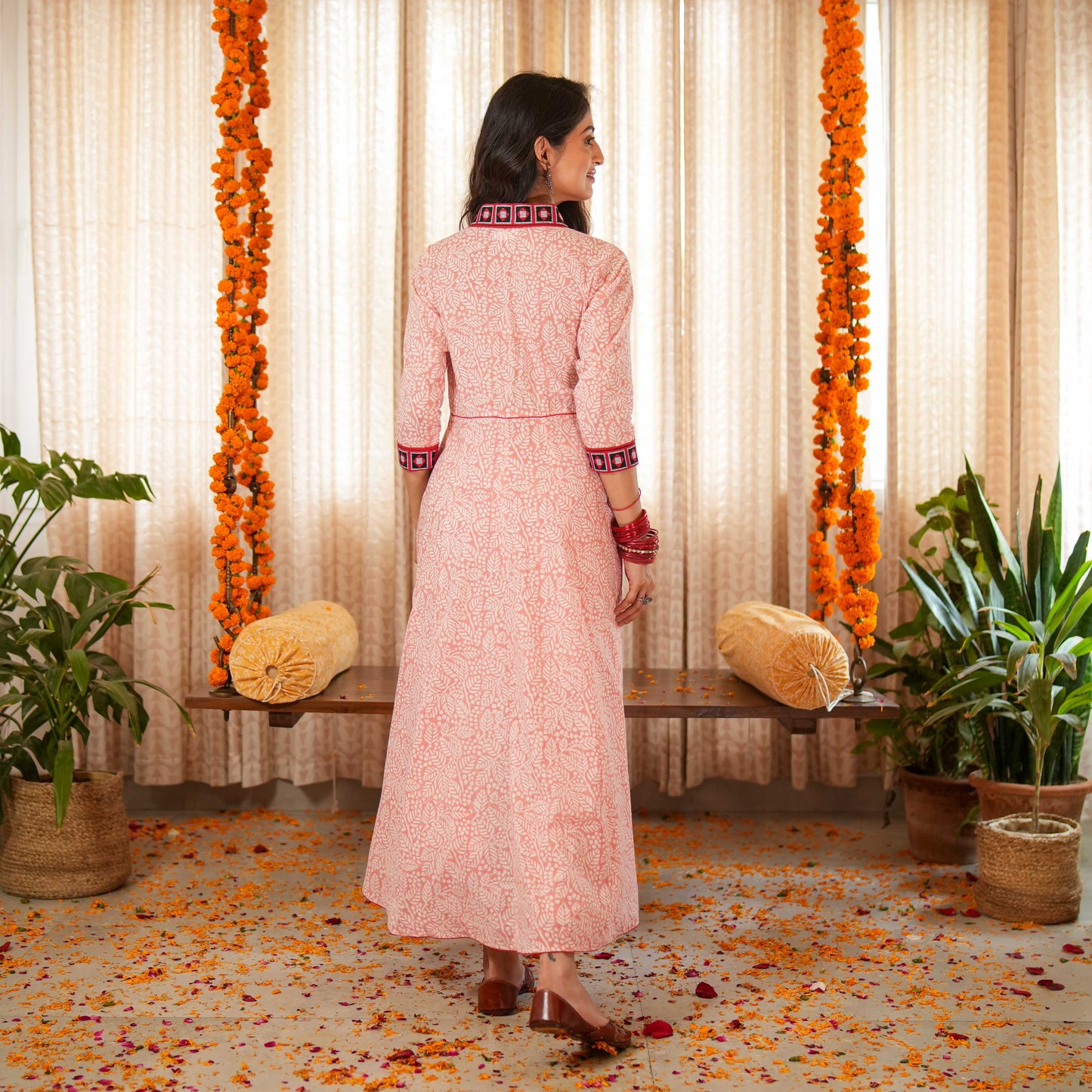 Blossom Pink Block Printed Anarkali Kurta With Border Details paired with Matching Pants (Set of 2)