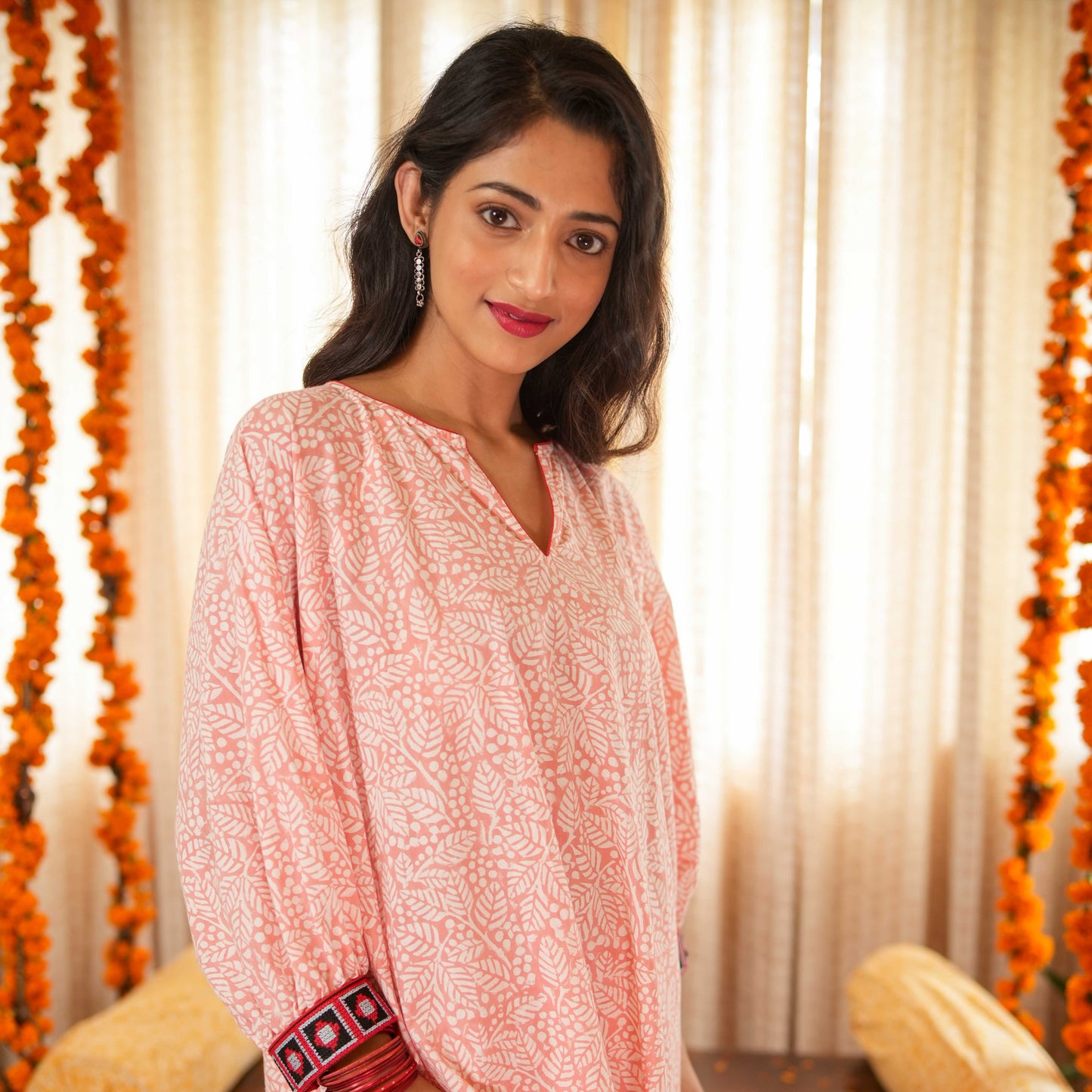Blossom Pink Hand Block Printed Asymmetrical Kaftan With Border