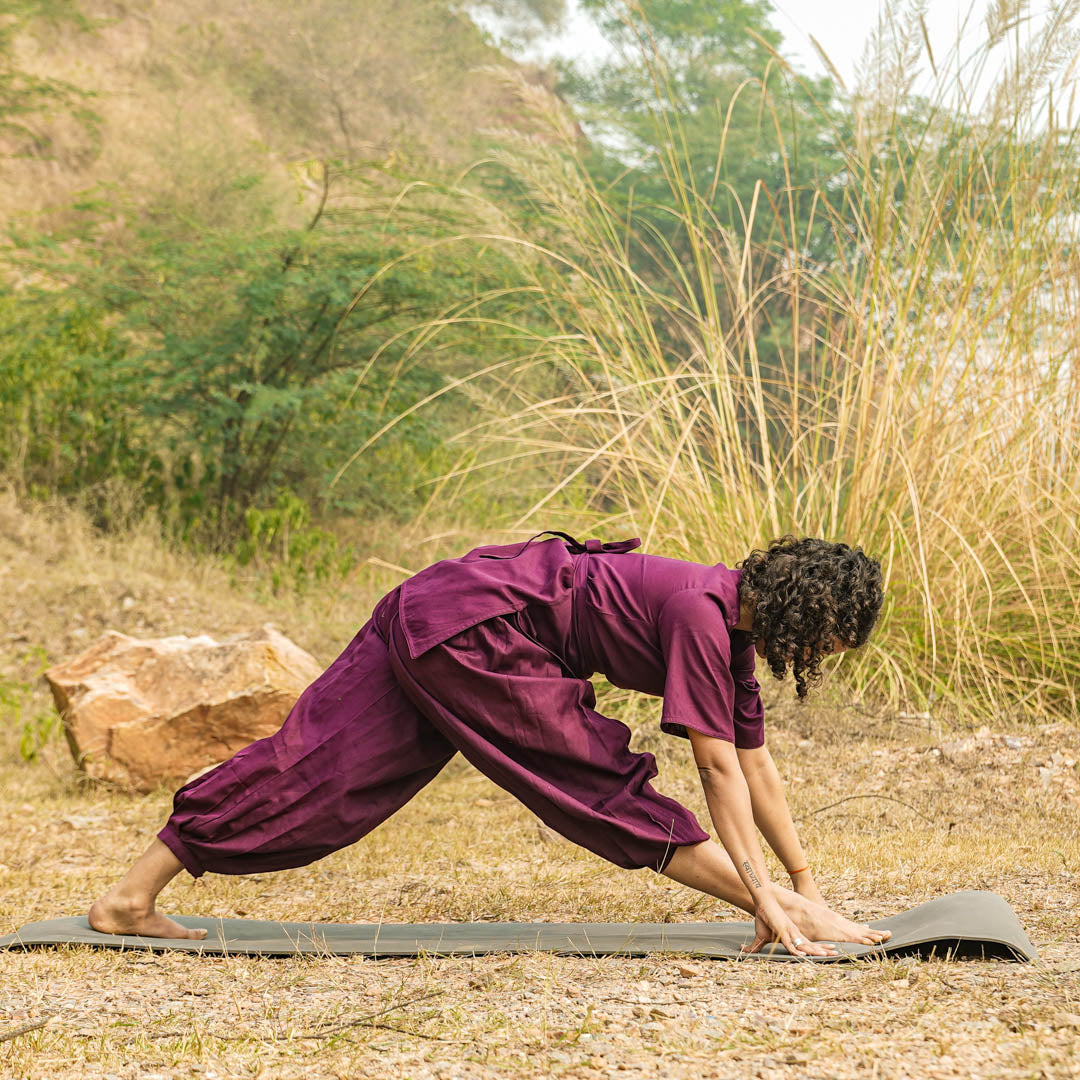 Akiso co-ord yoga set – purple cotton pants with matching top