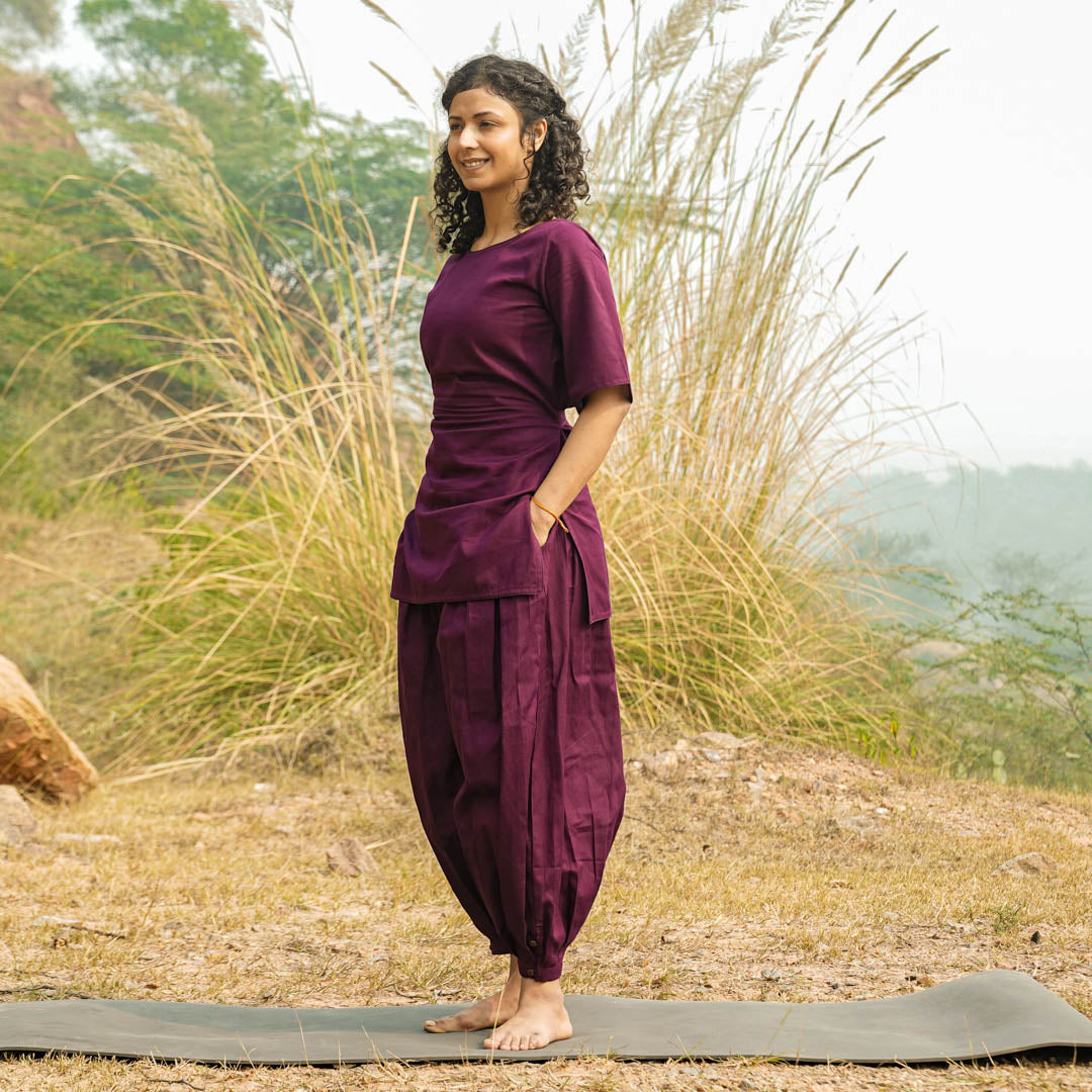Organic cotton yoga co-ord – purple top and pants for women