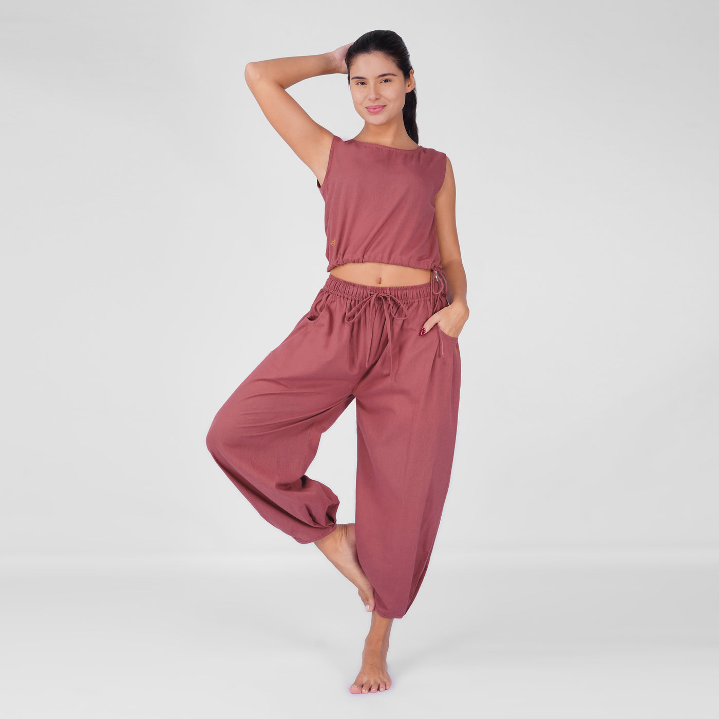 Sukha Yoga Set of 2 (Top & Pants) in 100% Cotton Sleeveless Round Neck Crop Top with Side Tie with baggy fit pants for comfort - Rose Pink — view 1