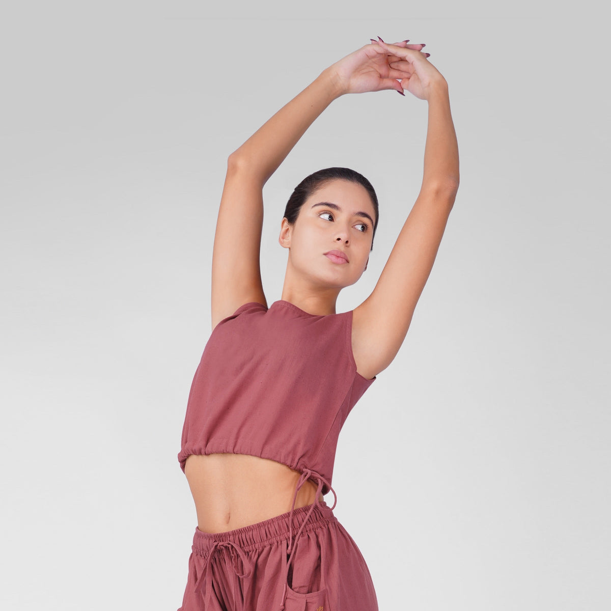 Ananda 100% Cotton Yoga Crop Top with Side Tie for Women - Rose Pink — view 3