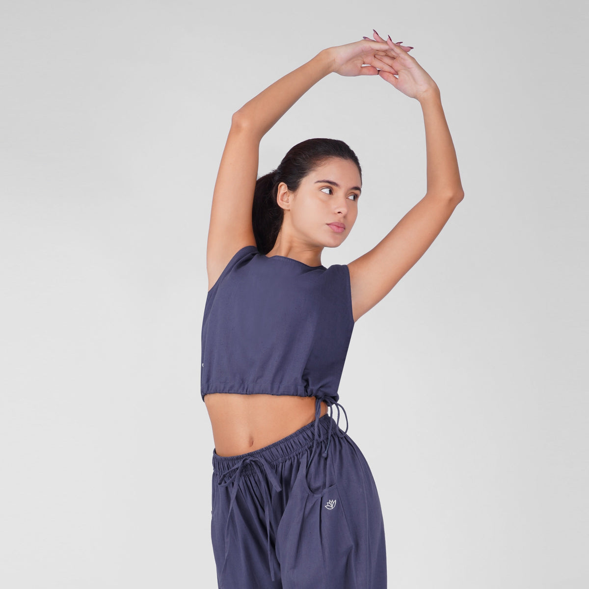 Ananda 100% Cotton Yoga Crop Top with Side Tie for Women - Celtic Blue — view 3
