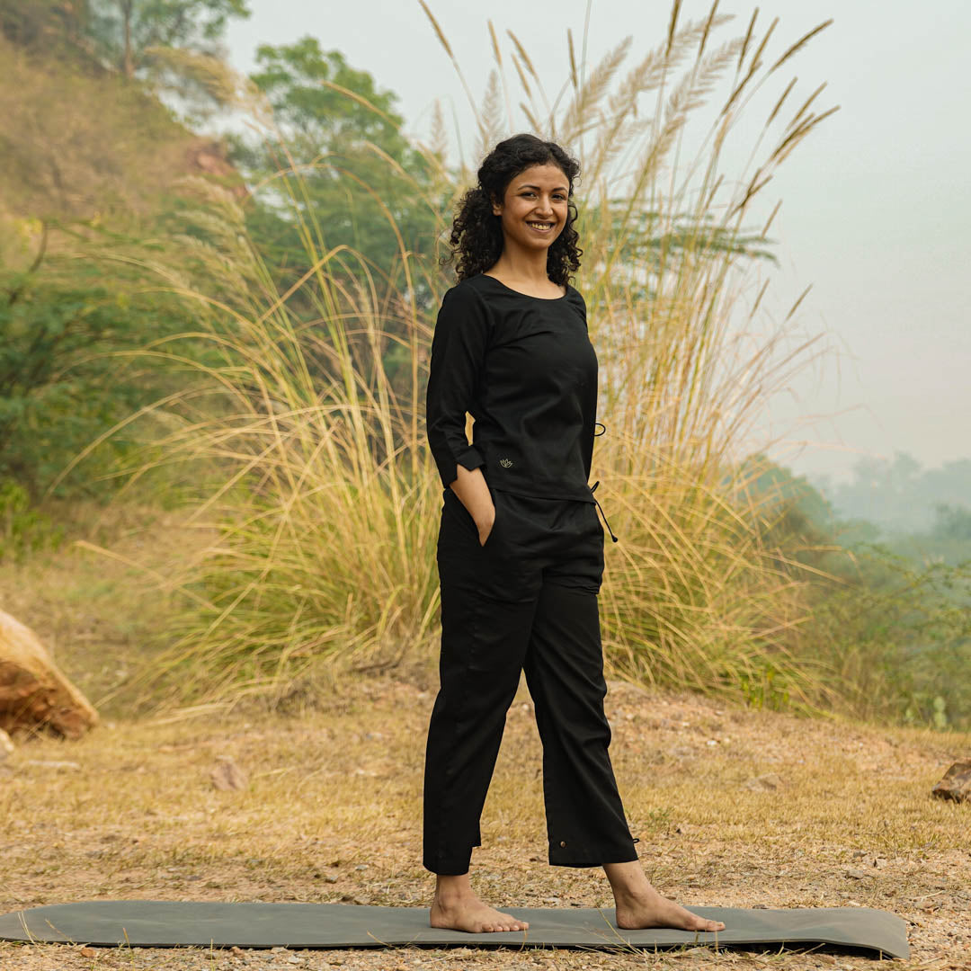 Women Cotton Yoga Pants and Cotton Top Set Black -Chandra