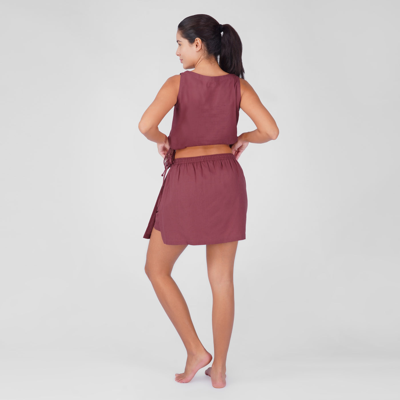 Isha Yoga Pants (Skort) and Top in Rose Pink 100% Cotton V-neck sleeveless vest and skort with half elasticed waistband — view 3