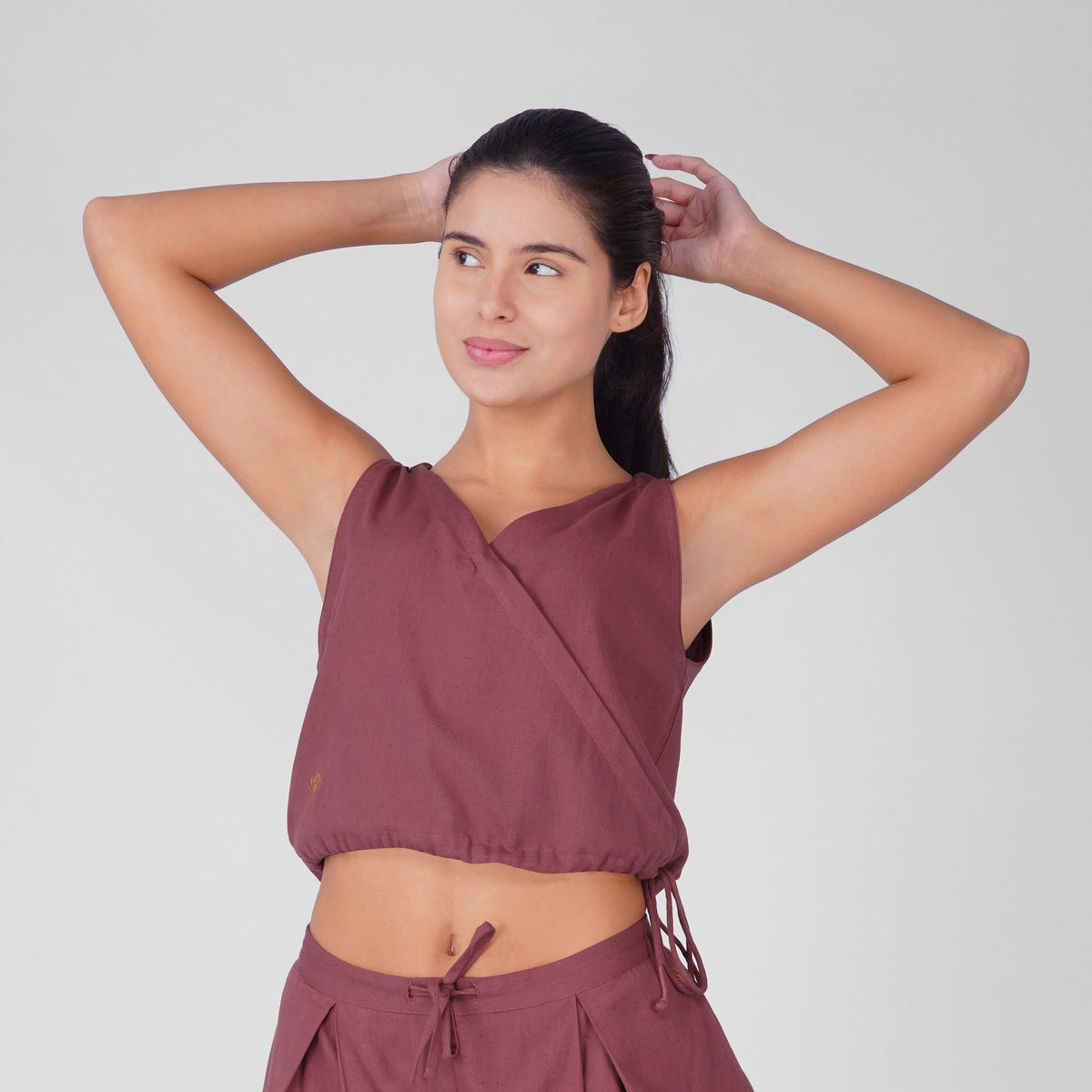 Sama Yoga Top 100% Cotton Sleeveless V Neck Short Top with Side Tie for Comfortable Fit - Rose Pink — view 1