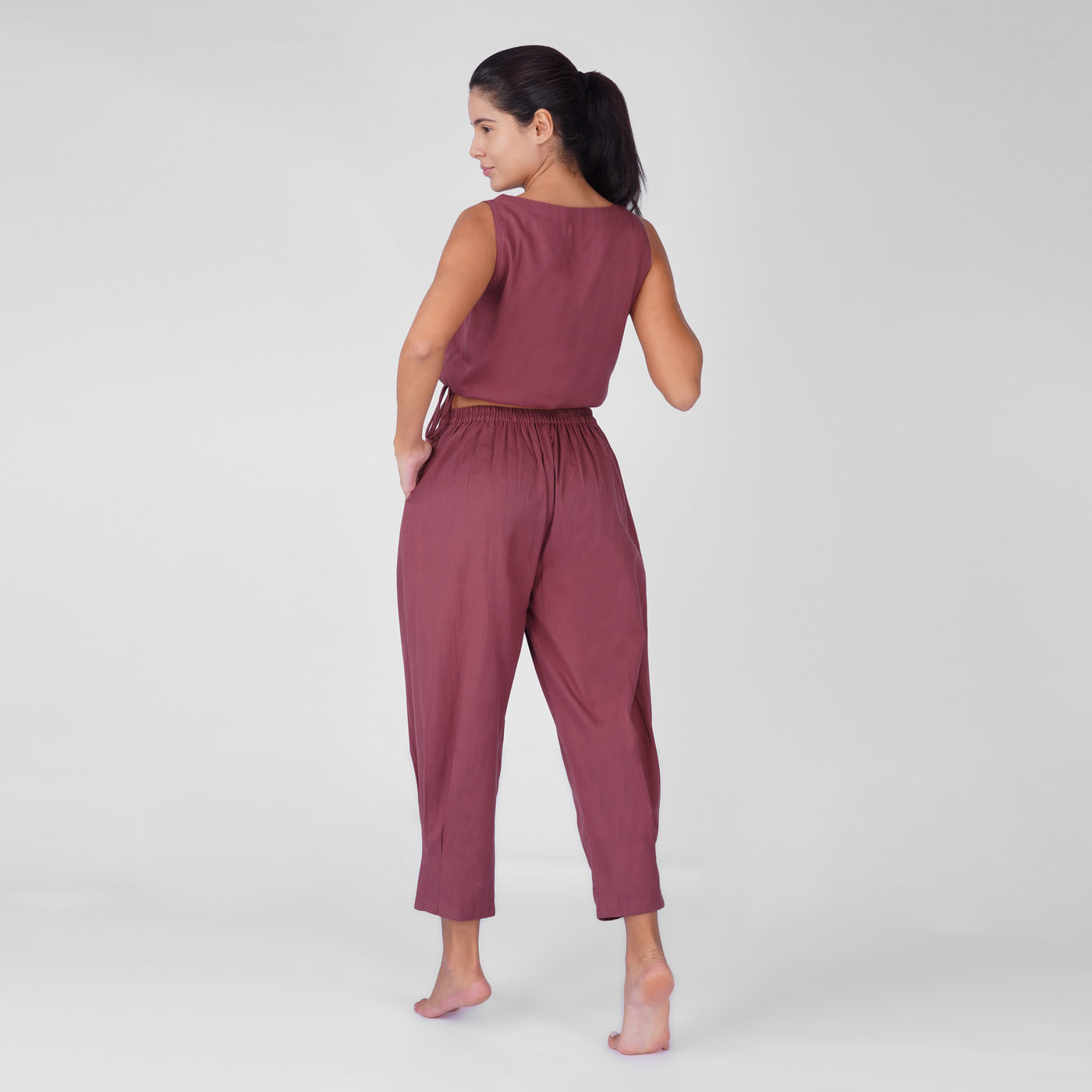 Sama Yoga Set of 2 (Top & Pants) 100% Cotton Sleeveless V Neck Short Top with Side Tie and mid waist pants Elasticised back tapered fit with box pleats- In Rose Pink — view 2