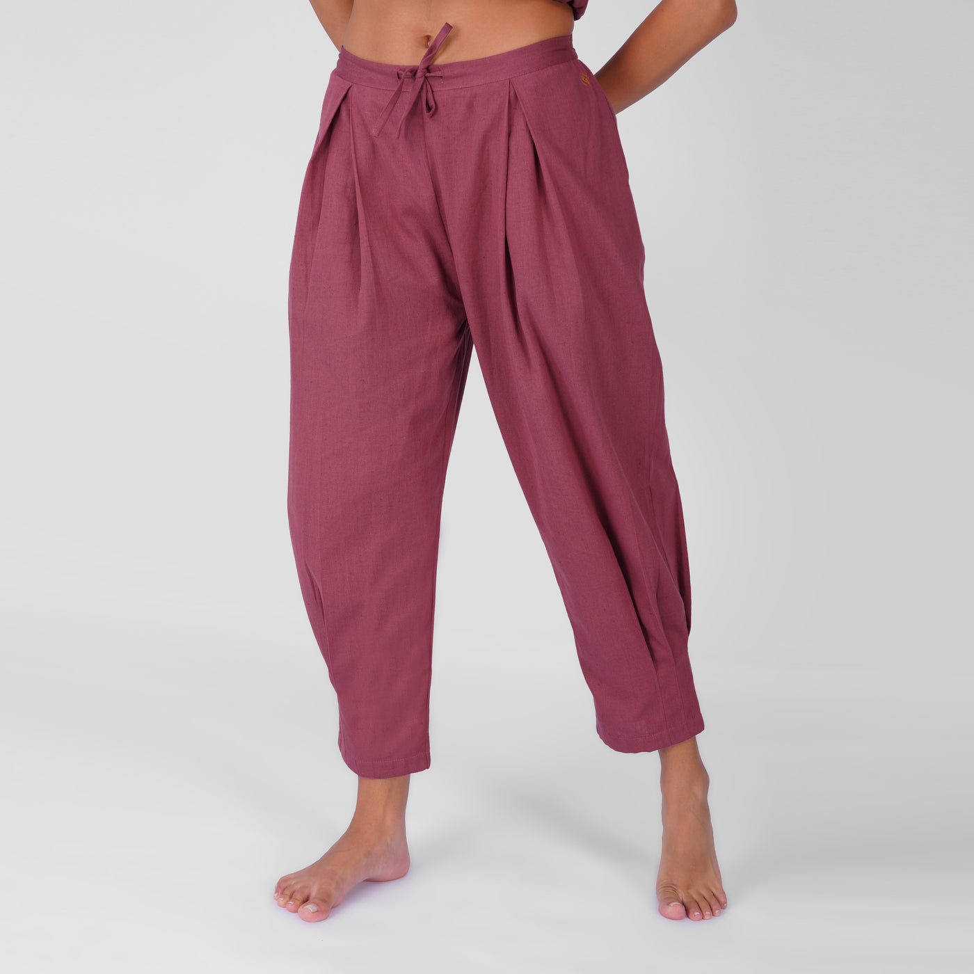 Sama Yoga Set of 2 (Top & Pants) 100% Cotton Sleeveless V Neck Short Top with Side Tie and mid waist pants Elasticised back tapered fit with box pleats- In Rose Pink — view 5