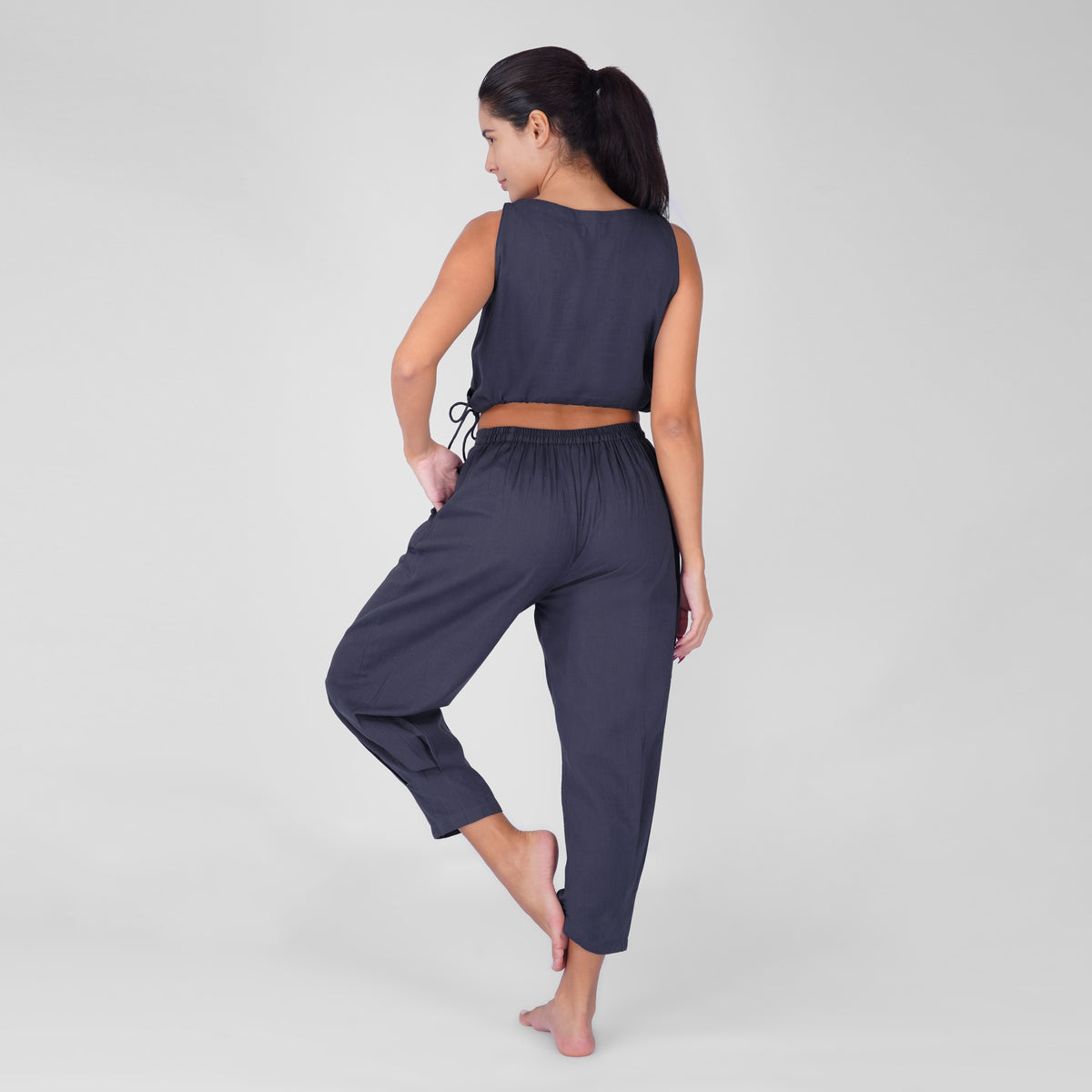 Sama Yoga Set of 2 (Top & Pants) 100% Cotton Sleeveless V Neck Short Top with Side Tie and mid waist pants Elasticised back tapered fit with box pleats- In Celtic Blue — view 2