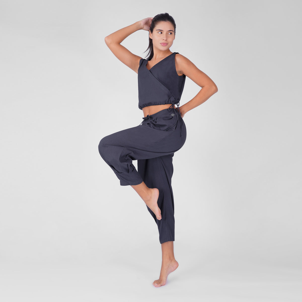 Tara Yoga Pants 100% Cotton Pleated Retro Relaxed Fit pants with Half Elasticised Waist for comfort - in Celtic Blue — view 4
