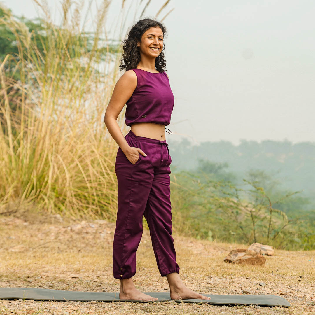 Women Cotton Yoga Pants and Yoga Top Set Purple -Ananda