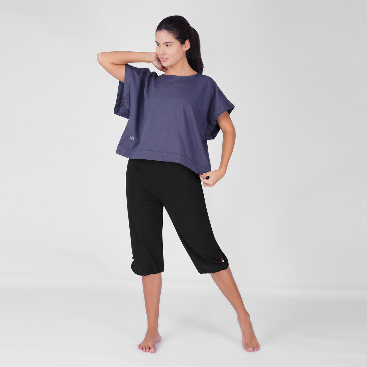 Saral Yoga Top 100% Cotton Sleeveless Top in Celtic Blue with open back for cover up — view 1