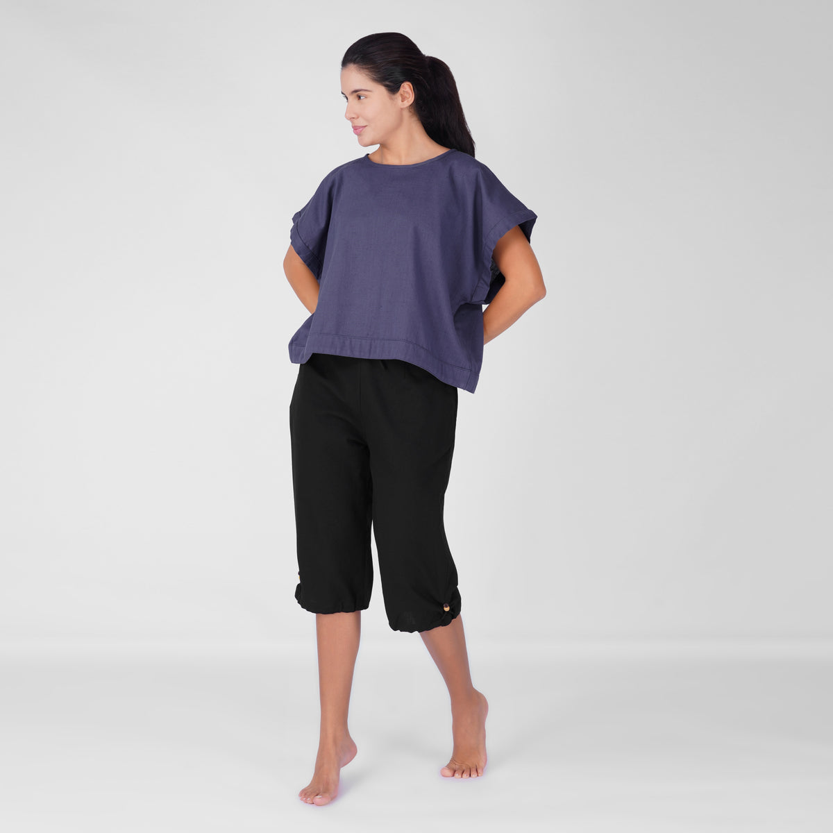 Saral Yoga Top 100% Cotton Sleeveless Top in Celtic Blue with open back for cover up — view 3