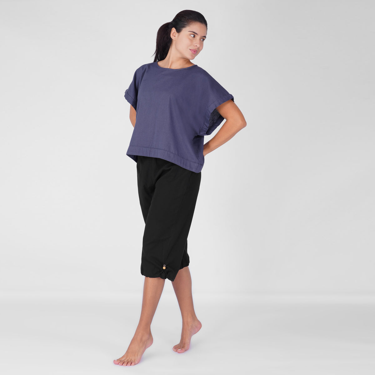 Saral Yoga Top 100% Cotton Sleeveless Top in Celtic Blue with open back for cover up — view 4