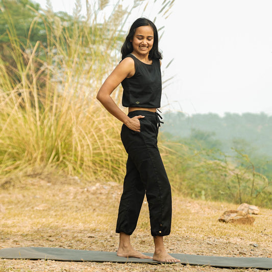 Women Cotton Yoga Pants and Yoga Top Set Black |AKISO