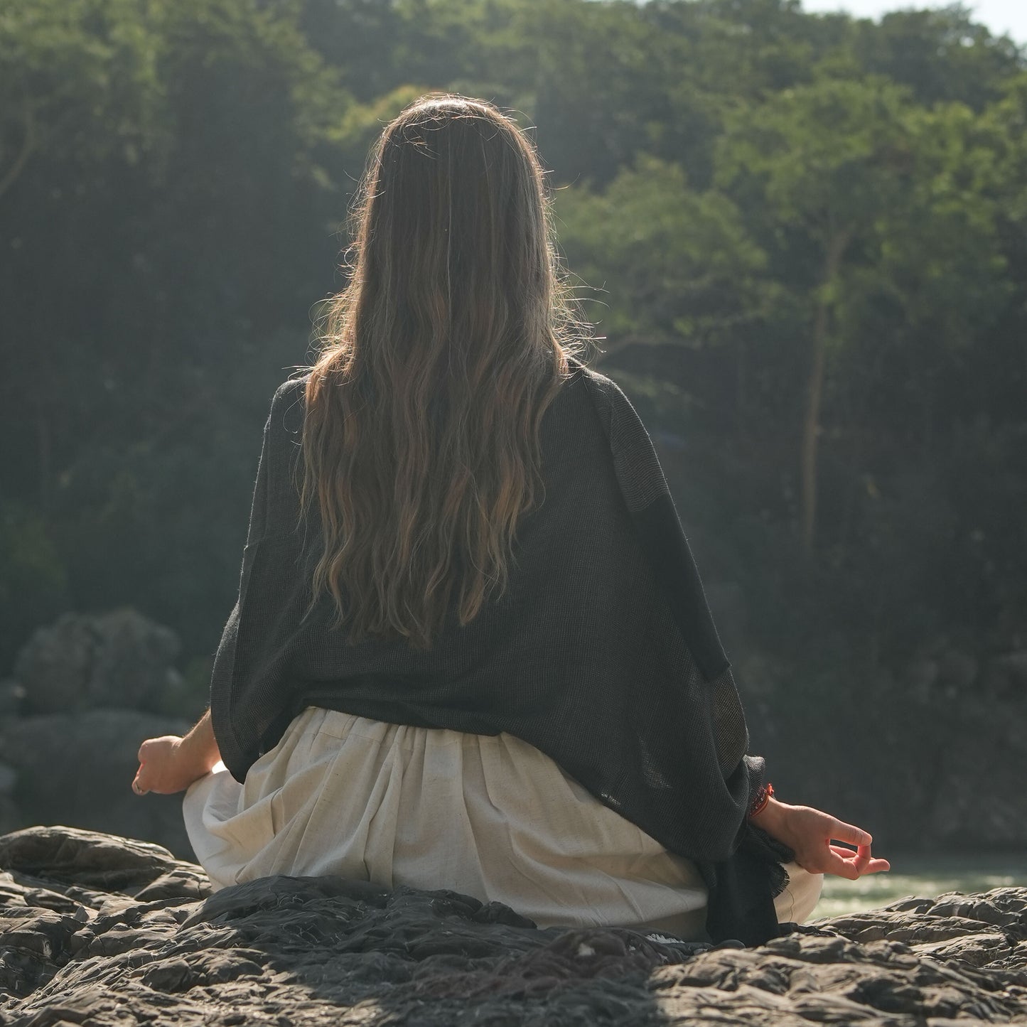 Urja Meditation Shawl in Black Khadi Design - Small