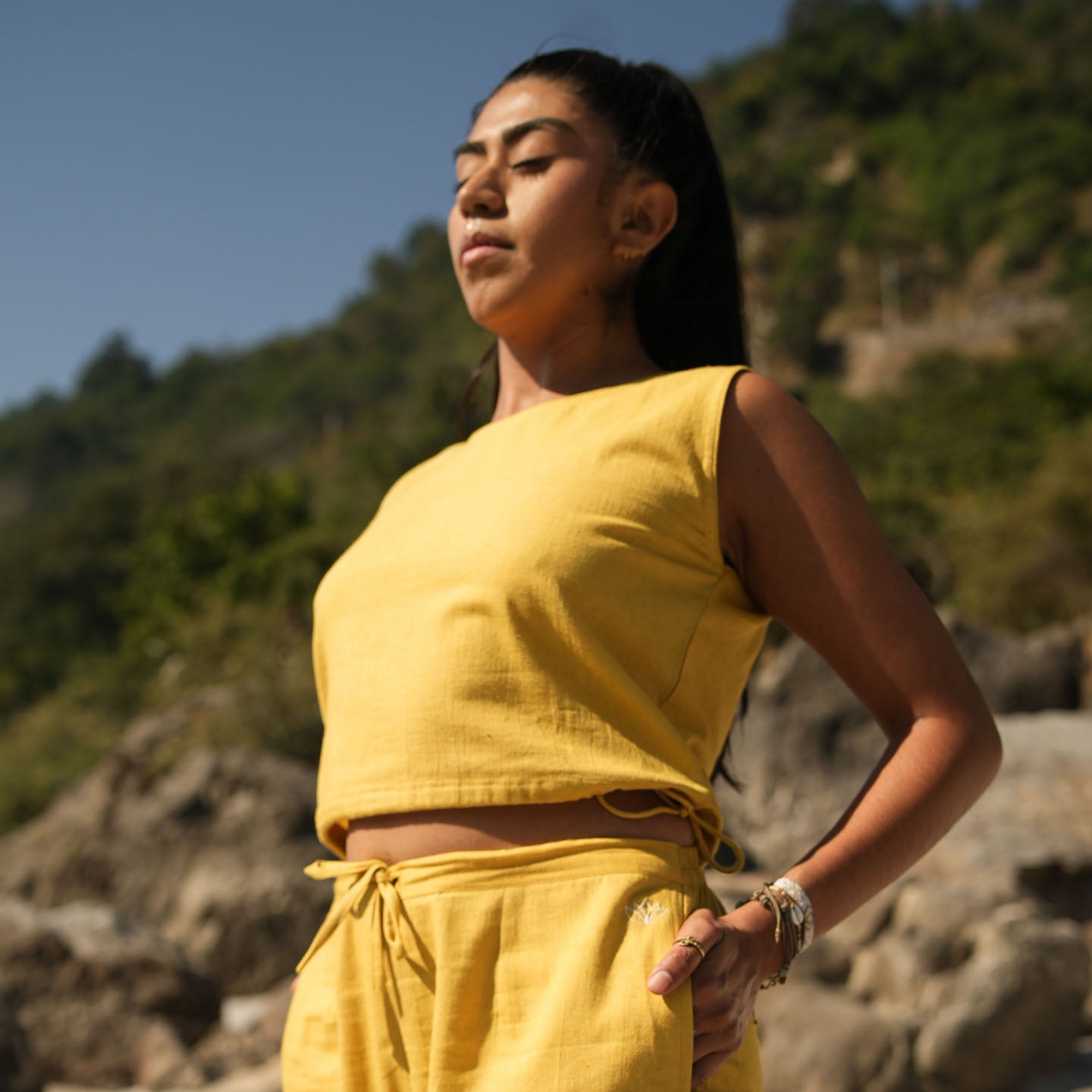 Women Cotton Yoga Pants and Yoga Top Set Yellow -Ananda